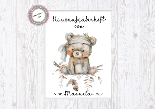 zuckersüßer Schulheft Umschlag Bär 2 Boho Style Hausaufgabenheft in seperater hochwertiger Hülle Einschulung Schulkind von Lüttentüddel®